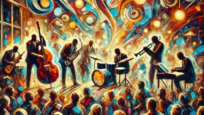 DALL·E 2024-07-20 10.42.12 – Abstract painting of people playing in a jam session in a dark, crowded bar at night. The scene is filled with vibrant, contrasting colors and dynamic