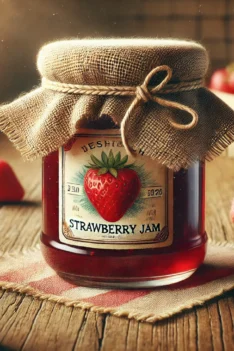 DALL·E 2025-02-06 14.49.13 – A realistic illustration of a glass jar filled with red strawberry jam, sealed with a rustic fabric cover tied with a string. The jar has a vintage-st