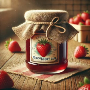 DALL·E 2025-02-06 14.49.13 – A realistic illustration of a glass jar filled with red strawberry jam, sealed with a rustic fabric cover tied with a string. The jar has a vintage-st