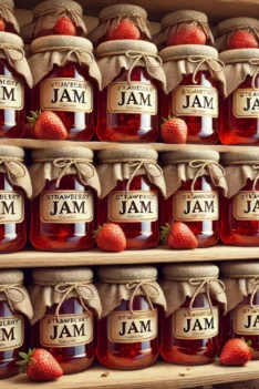 DALL·E 2025-02-06 14.52.24 – A realistic illustration of a wooden pantry shelf filled with glass jars of strawberry jam. Each jar is identical, containing bright red jam and seale