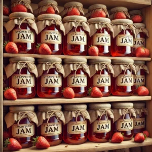 DALL·E 2025-02-06 14.52.24 – A realistic illustration of a wooden pantry shelf filled with glass jars of strawberry jam. Each jar is identical, containing bright red jam and seale