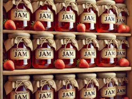 DALL·E 2025-02-06 14.52.24 – A realistic illustration of a wooden pantry shelf filled with glass jars of strawberry jam. Each jar is identical, containing bright red jam and seale