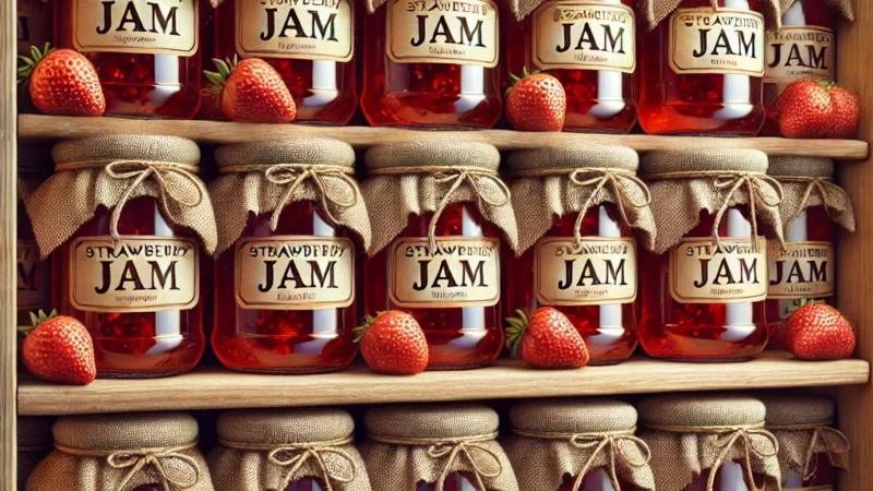 DALL·E 2025-02-06 14.52.24 – A realistic illustration of a wooden pantry shelf filled with glass jars of strawberry jam. Each jar is identical, containing bright red jam and seale